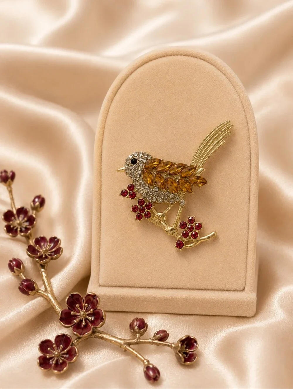 Gold-Tone Magpie Rhinestone Bird On Flower Branch Brooch